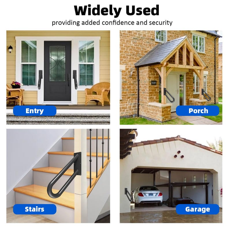 Sahans Hand Rails for Outdoor Steps Stair Railing Indoor Rail Metal Heavy Duty Non-Slip 1-3 Step Wall Mount Grab Bars U-Shape Safety Handle Garage Porch Courtyard Doorways 16 INCH Garden - Image 4