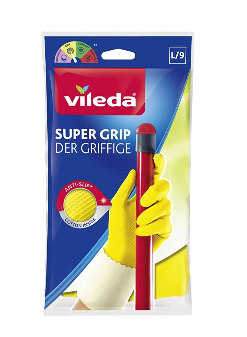 Vileda Super Grip Rubber Cleaning Gloves Large Size 9 – Anti-Slip Pattern for Better Grip, Water-Resistant Natural Latex, Inner Cotton Lining for Comfort, Reusable Heavy-Duty Kitchen & Household Gloves