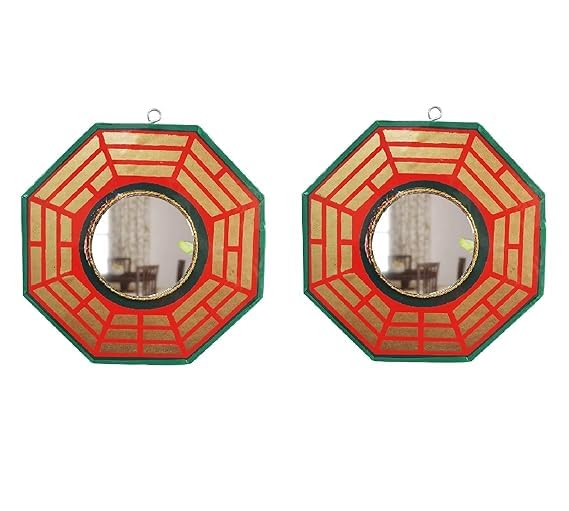 Omdariya Set of Two Vastu Bagua Pakua Convex Wooden Mirror Wall Hanging Dcor for Positive Chi Energy Set of 2 - Image 1