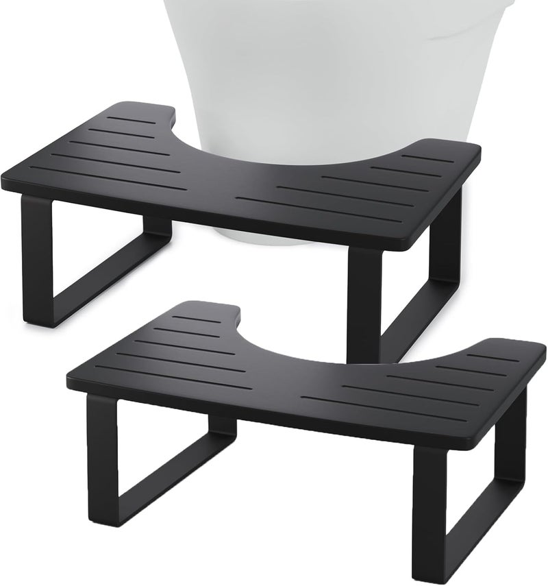 Aofure 2 Pack Black Squatting Potty for Adults, Wooden Toilet Stool Poop Stool,Bamboo Squat Pooping Stool with Metal Frame, 7 Inch Wood Potty Stool for Bathroom, Portable Toilet Step for Kids - Image 1