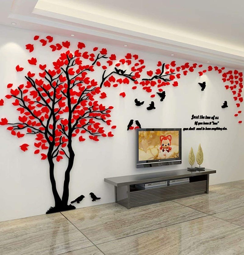 guangmu 3D Tree Wall Stickers - DIY Tree and Birds Wall Decals Family Couple Tree Stickers Murals Wall Decor for Living Room Bedroom TV Background Home Decorations(Red Left M-98X51in) - Image 2