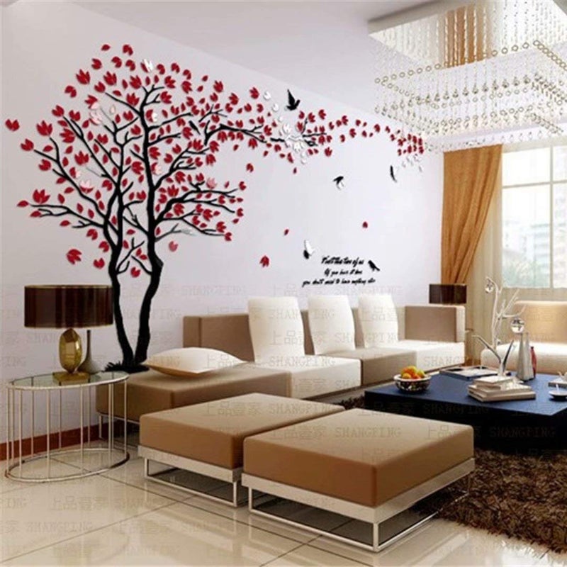 guangmu 3D Tree Wall Stickers - DIY Tree and Birds Wall Decals Family Couple Tree Stickers Murals Wall Decor for Living Room Bedroom TV Background Home Decorations(Red Left M-98X51in) - Image 5