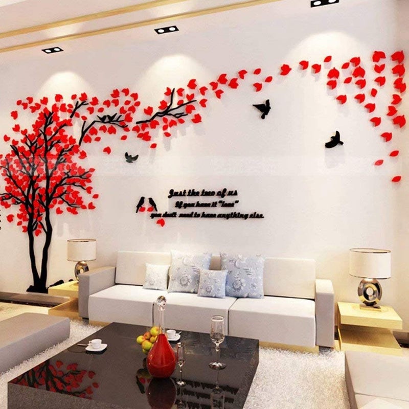 guangmu 3D Tree Wall Stickers - DIY Tree and Birds Wall Decals Family Couple Tree Stickers Murals Wall Decor for Living Room Bedroom TV Background Home Decorations(Red Left M-98X51in) - Image 3