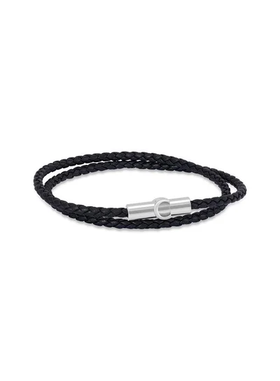 CERRUTI 1881 Umberto Silver Plated Stainless Steel Black Braided Leather Bracelet for Men 400mm