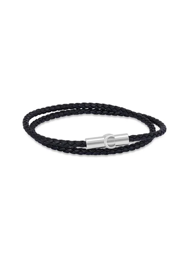 Umberto Silver Plated Stainless Steel Black Braided Leather Bracelet for Men 400mm