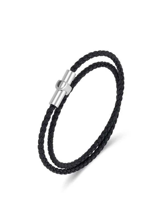 شيروتي 1881 Umberto Silver Plated Stainless Steel Black Braided Leather Bracelet for Men 400mm