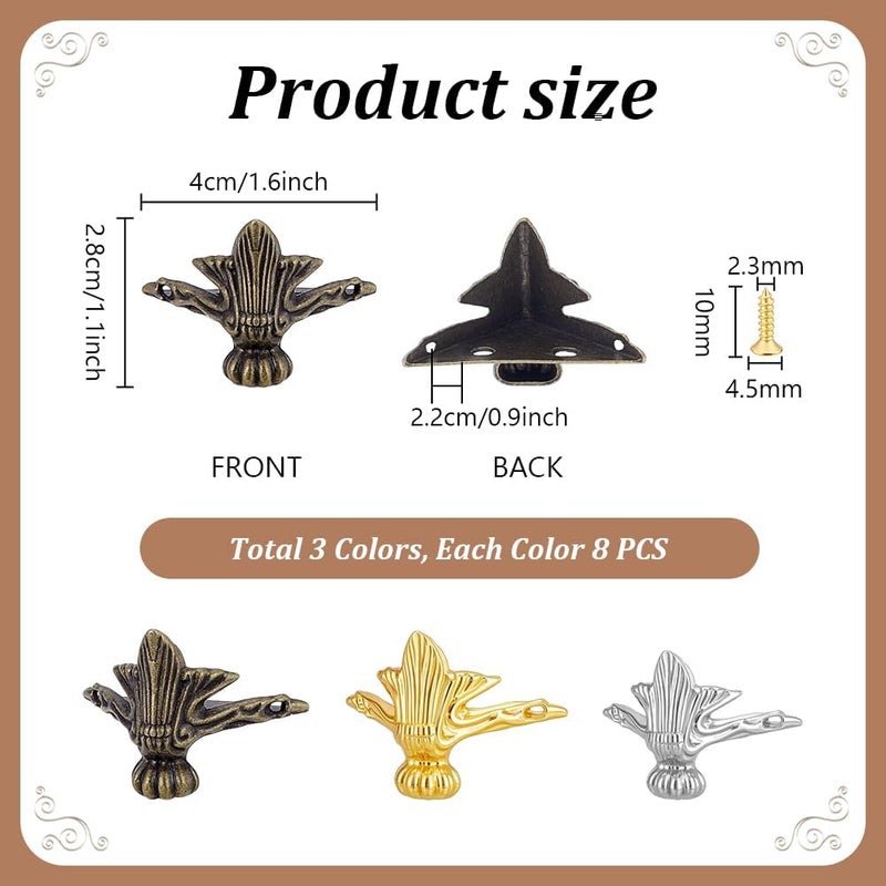 PH PandaHall 24pcs 3 Colors Antique Box Legs Jewellery Box Feet Alloy Corner Protectors Vintage Style Furniture Feet Wood Case Decoration Box Edge Corners for Handicrafts with Screws - Image 4