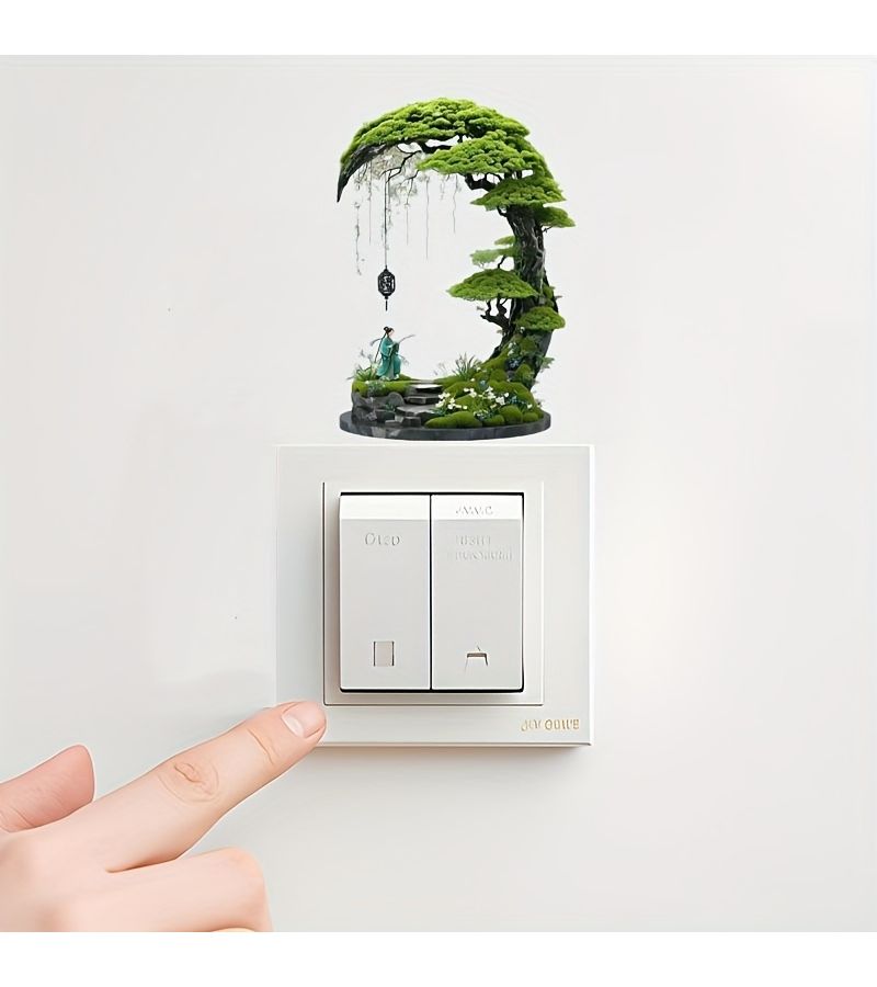 Classic Self Adhesive Bonsai Tree Wall Sticker With Waterfall For Light Switch Decor - Image 1