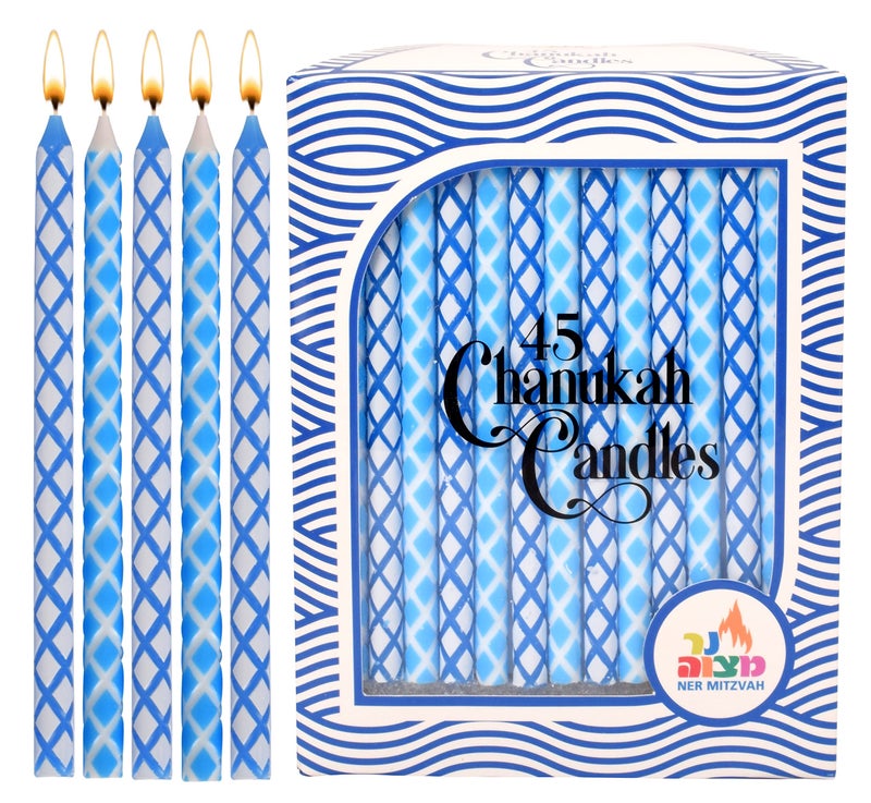Ner Mitzvah Ner Mitzvah Dripless Chanukah Candles Diamond Etched Blue  White Hanukkah Candles Fits Most Menorahs Premium Quality Wax for All 8 Nights  Standard Size  45 Count 