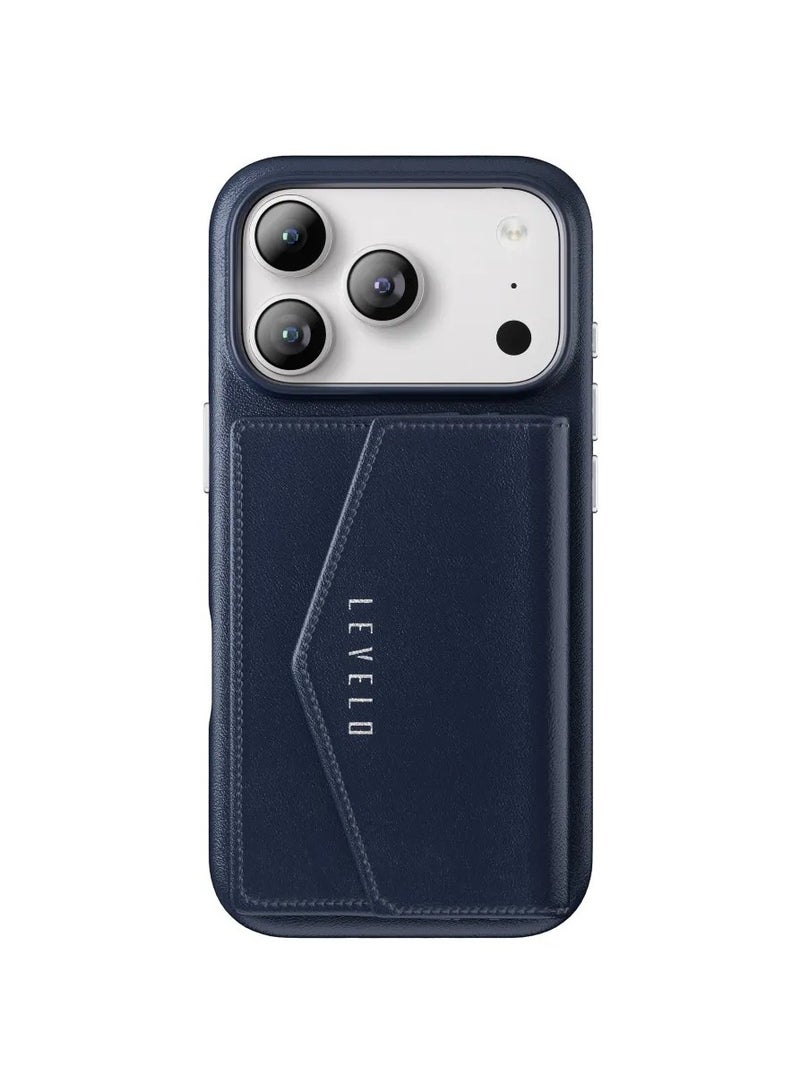 LEVELO iPhone 17 Pro Max Case MagSafe With Detachable Wallet Vertex PU Leather / Raised Bezels For Camera & Screen / Shock-Resistant-Bumper / Full-Wrap Leather Build Back Cover - Dark Blue - Image 1