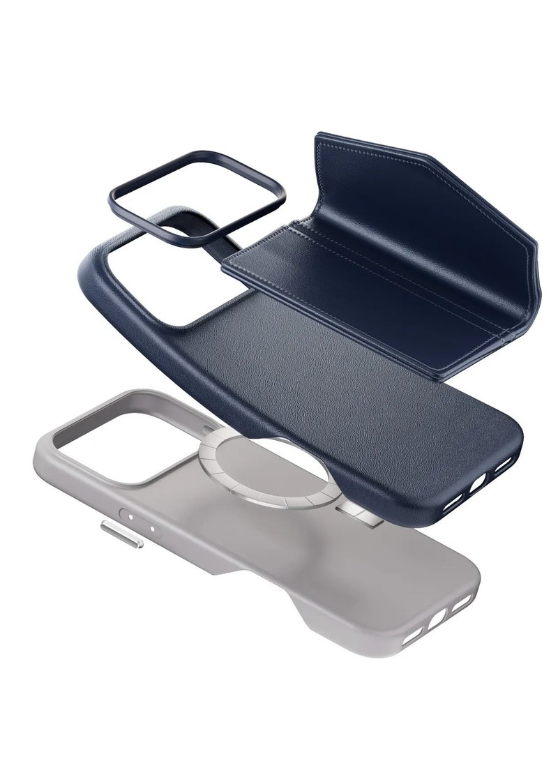 LEVELO iPhone 17 Pro Max Case MagSafe With Detachable Wallet Vertex PU Leather / Raised Bezels For Camera & Screen / Shock-Resistant-Bumper / Full-Wrap Leather Build Back Cover - Dark Blue - Image 2