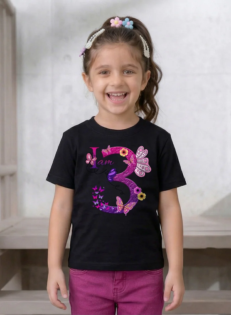Funkaar Funkaar Birthday Girl, 3rd Year Butterfly Birthday Graphic Print T-Shirt