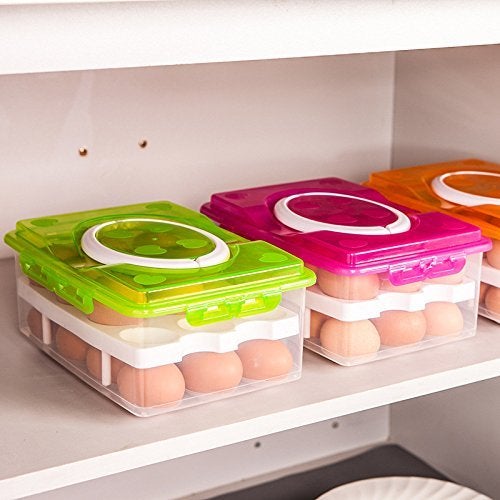 dxent Plastic Double Layer Egg Storage Box with Carrying Handle Refrigerator Safe Egg Basket for 32 Eggs Multicolor - Image 2