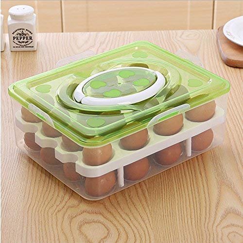 dxent Plastic Double Layer Egg Storage Box with Carrying Handle Refrigerator Safe Egg Basket for 32 Eggs Multicolor - Image 1