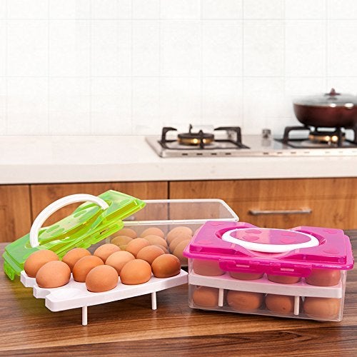 dxent Plastic Double Layer Egg Storage Box with Carrying Handle Refrigerator Safe Egg Basket for 32 Eggs Multicolor - Image 3