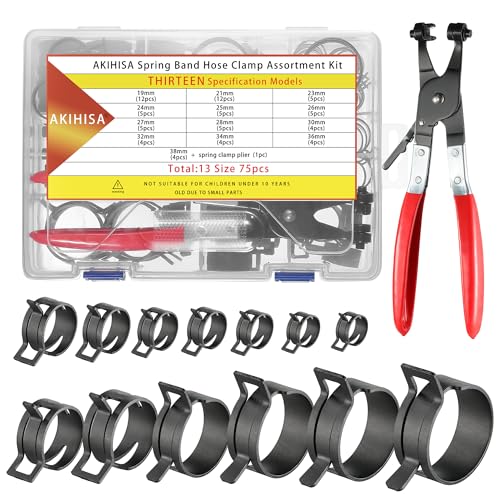 AKIHISA 75Pcs 19-38mm Spring Band Hose Clamp Assortment Kit with Hose Clamp Pliers, 13 Sizes Spring Hose Clip Fuel Line Silicone Vacuum Hose Pipe Clamp, Air Hose Tube Water Pipe Fasteners - Image 1