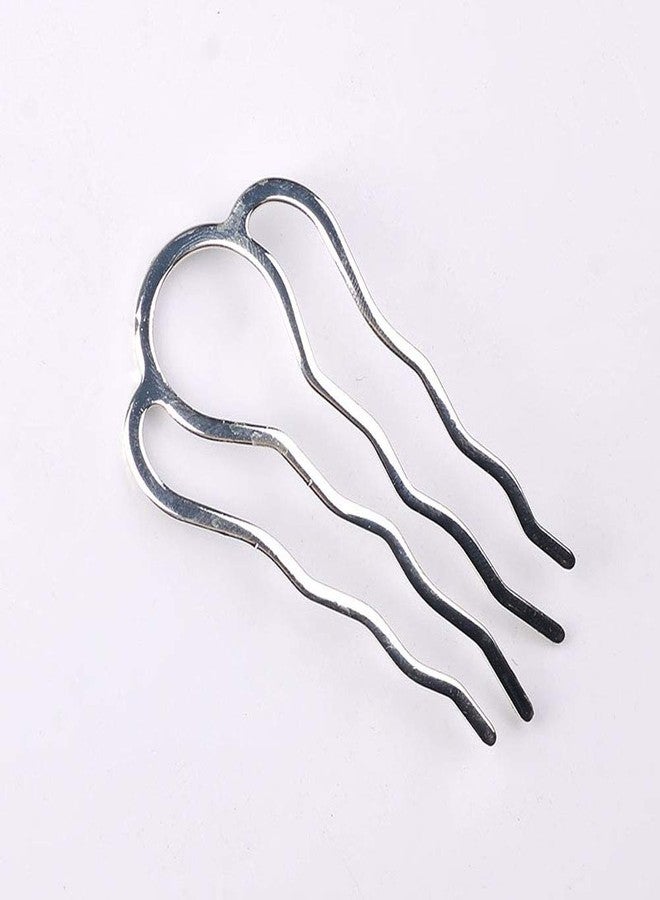 lasenersm 6 Pieces 4 Teeth Hair Combs Pins Brass Hair Fork Clips Hair Bun Plug Holder Hair Sides Comb Clip Hair Comb Clips Bridal Hair Accessories for Girls and Women, Large 65 x 35mm, Silver - Image 2