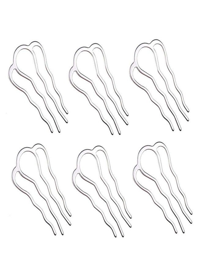 lasenersm 6 Pieces 4 Teeth Hair Combs Pins Brass Hair Fork Clips Hair Bun Plug Holder Hair Sides Comb Clip Hair Comb Clips Bridal Hair Accessories for Girls and Women, Large 65 x 35mm, Silver - Image 1