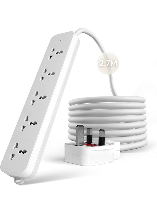 promass Universal Extension lead, 2.7 Meters Power Strip Extension Cord with 5 Universal Sockets|13A UK Plugs 3Pin Sockets|Safety Door Design|Wall Mount Extension Cord for Home, Office, Kitchen - Image 1