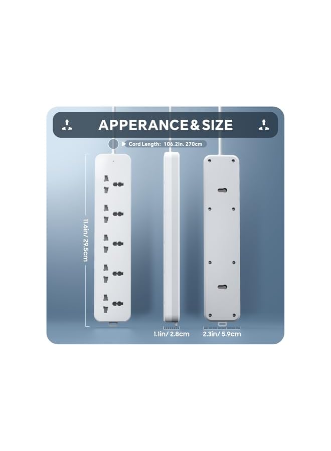 promass Universal Extension lead, 2.7 Meters Power Strip Extension Cord with 5 Universal Sockets|13A UK Plugs 3Pin Sockets|Safety Door Design|Wall Mount Extension Cord for Home, Office, Kitchen - Image 3