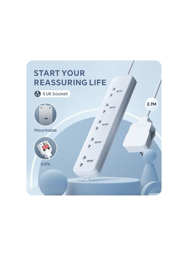 promass Universal Extension lead, 2.7 Meters Power Strip Extension Cord with 5 Universal Sockets|13A UK Plugs 3Pin Sockets|Safety Door Design|Wall Mount Extension Cord for Home, Office, Kitchen - Image 2