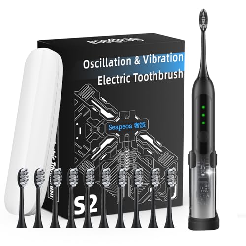 Seapeoa Adult Sonic Electric Toothbrush with 10 Brush Heads, Travel case, and Wall Bracket, Suitable for Both Adults and Children, IPX8 Waterproof, USB Charging, 42000VPM, Black - Image 1