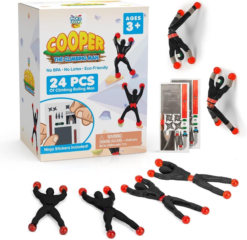 PICK A TOY 24 Sticky Wall Climbing Black Ninjas with DIY Costume Stickers – Fun Stretchy Window Crawlers, Easter Basket Stuffers Birthday Party Favors for Kids - Image 1