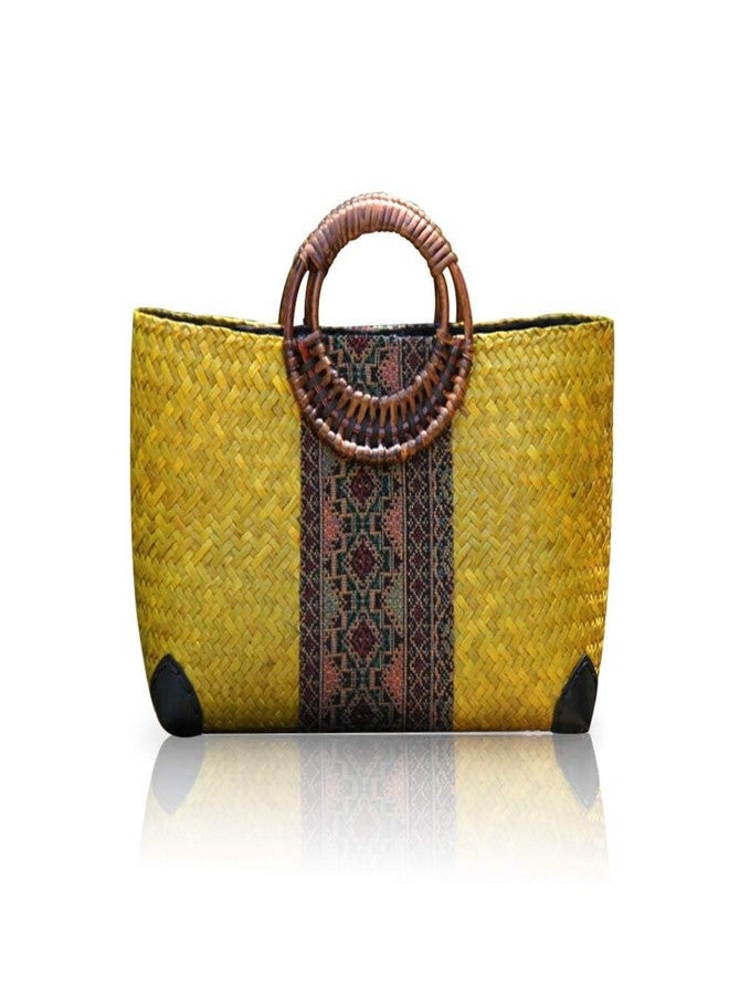 QTKJ Women Summer Retro Straw Bag with Printing Hand-woven Beach Handbag Top Round Handle Boho Tote Bag Shopping and Travel Large Bag (Yellow) - Image 1