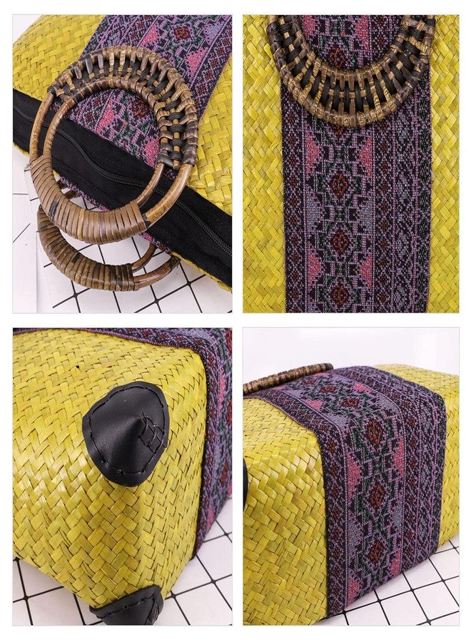 QTKJ Women Summer Retro Straw Bag with Printing Hand-woven Beach Handbag Top Round Handle Boho Tote Bag Shopping and Travel Large Bag (Yellow) - Image 3