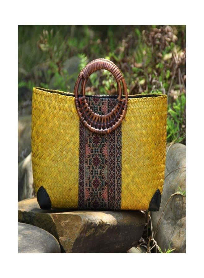 QTKJ Women Summer Retro Straw Bag with Printing Hand-woven Beach Handbag Top Round Handle Boho Tote Bag Shopping and Travel Large Bag (Yellow) - Image 4