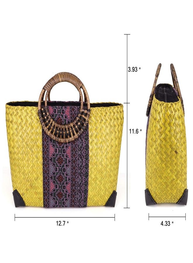 QTKJ Women Summer Retro Straw Bag with Printing Hand-woven Beach Handbag Top Round Handle Boho Tote Bag Shopping and Travel Large Bag (Yellow) - Image 2