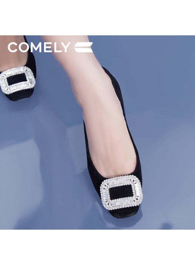 Comely Rhinestone Square Buckle Single Shoes Women's Thick Heel Spring And Autumn Fashion French Banquet High Heels Black 36 - Image 5