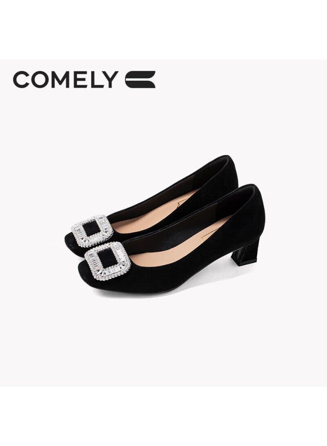 Comely Rhinestone Square Buckle Single Shoes Women's Thick Heel Spring And Autumn Fashion French Banquet High Heels Black 36 - Image 2