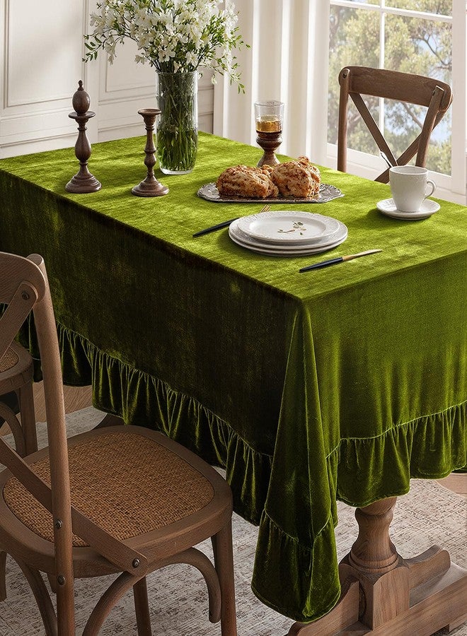 MIULEE Velvet Table Cloth with Decorative Ruffle Edge Luxurious Soft Spring Washable Rectangular Tablecloth Thick Wrinkle-Resistant Oblong Table Cover for Kitchen Dining 60x102 Inch Olive Green - Image 3