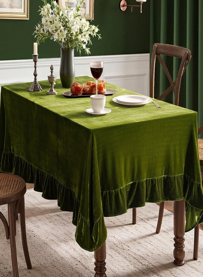 MIULEE Velvet Table Cloth with Decorative Ruffle Edge Luxurious Soft Spring Washable Rectangular Tablecloth Thick Wrinkle-Resistant Oblong Table Cover for Kitchen Dining 60x102 Inch Olive Green - Image 1