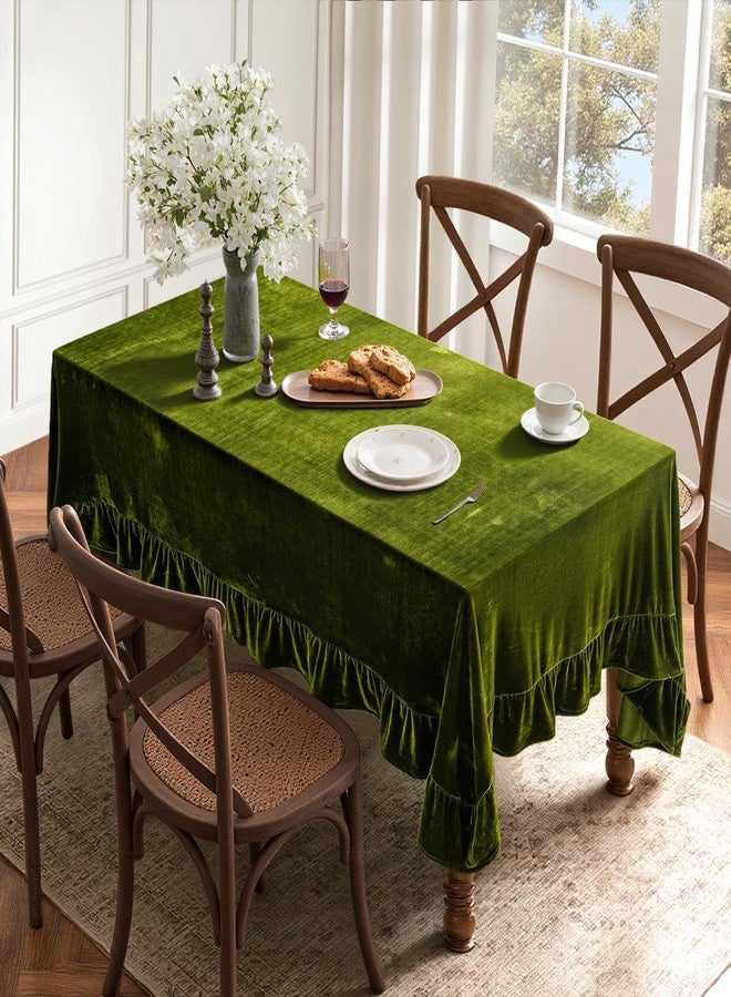 MIULEE Velvet Table Cloth with Decorative Ruffle Edge Luxurious Soft Spring Washable Rectangular Tablecloth Thick Wrinkle-Resistant Oblong Table Cover for Kitchen Dining 60x102 Inch Olive Green - Image 2