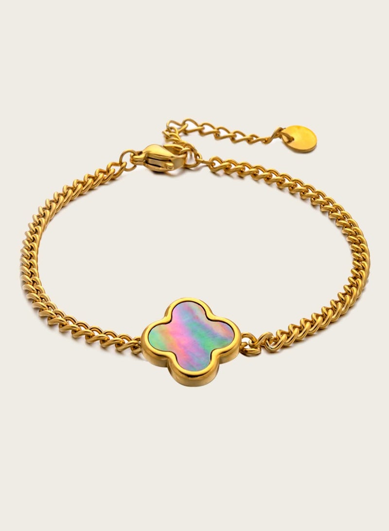 كاف كريشنس سوار من الفولاذ المقاوم للصدأ مطلي بالذهب 18 قيراط، حلية البرسيم، مركز قزحي الألوان، 16.5 سم + 4 سم - Image 2