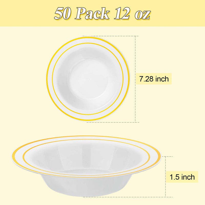 BestStar 100 Pack Disposable Soup Bowls with Gold Rim  12oz Premium Heavy Duty Plastic Dinner Bowls for Party  Wedding and Holiday - Image 4
