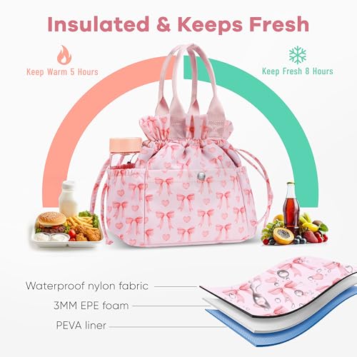 Yarnic Bow Lunch Bag Women Insulated Lunch BagsCute Reusable Lunch Box StainResistant Lunchbox with Water Bottle Holder for Adult Pink Bow - Image 3