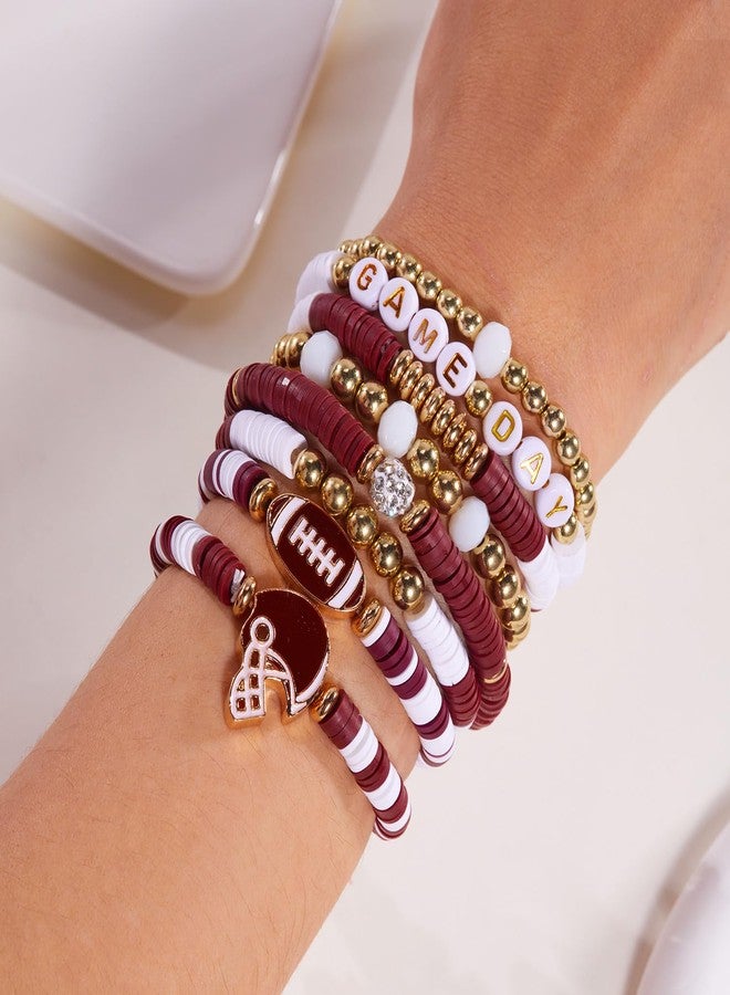 RINHOO Game Day Bracelets for Women Stackable Heishi Clay Beaded Stretch Bracelet Football Sport Fan Bracelet Sports Game Team Jewelry (Style 1-Brown) - Image 2