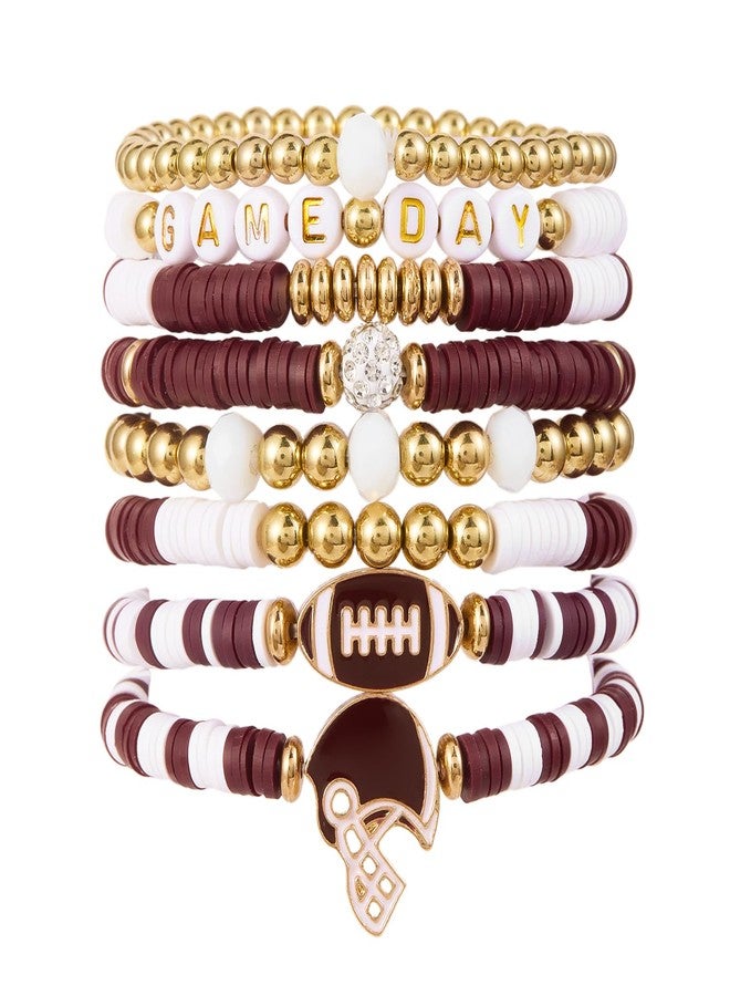 RINHOO Game Day Bracelets for Women Stackable Heishi Clay Beaded Stretch Bracelet Football Sport Fan Bracelet Sports Game Team Jewelry (Style 1-Brown) - Image 1