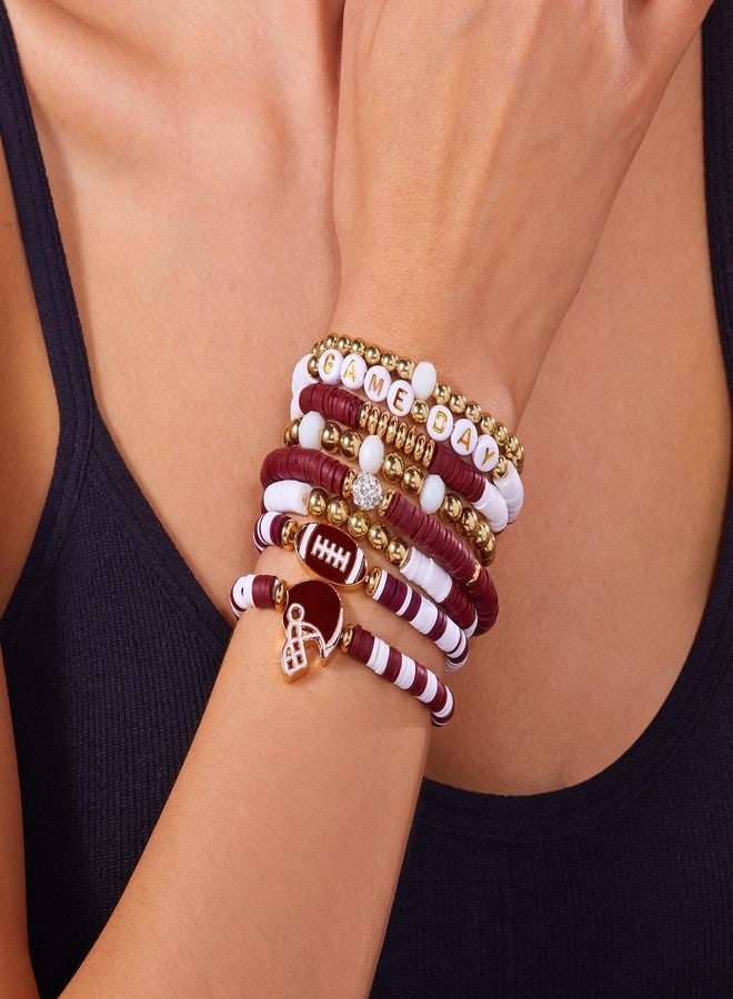 RINHOO Game Day Bracelets for Women Stackable Heishi Clay Beaded Stretch Bracelet Football Sport Fan Bracelet Sports Game Team Jewelry (Style 1-Brown) - Image 3