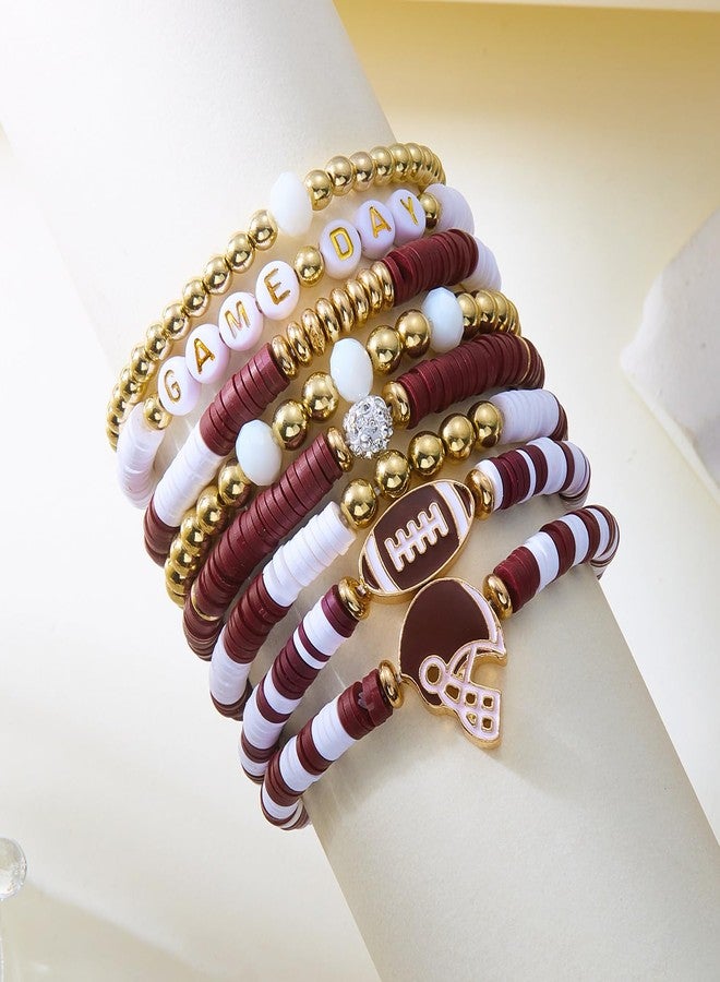 RINHOO Game Day Bracelets for Women Stackable Heishi Clay Beaded Stretch Bracelet Football Sport Fan Bracelet Sports Game Team Jewelry (Style 1-Brown) - Image 5