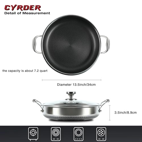 Cyrder Large Hybrid Nonstick Deep Frying Pan-13inch 316L Stainless Steel Sauté Pan and Lid, Two Handle Hold, PFOA Free, Dishwasher Oven Safe, Cookware to Stir fry/Toast/Roast/Bake/Stew, 7.2-Quart - Image 3
