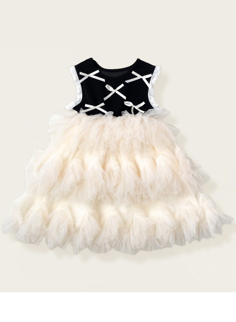 1-2Y Baby Girls Toddler Girls Princess Dress Set, Black Bow-Decorated Dress with Layered Fluffy Tulle Skirt & Lace Edging, Perfect for Birthday Parties, Weddings & Special Occasions, Suitable for Height 90cm  - Image 1