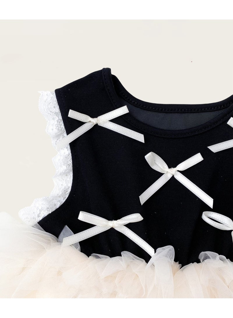 1-2Y Baby Girls Toddler Girls Princess Dress Set, Black Bow-Decorated Dress with Layered Fluffy Tulle Skirt & Lace Edging, Perfect for Birthday Parties, Weddings & Special Occasions, Suitable for Height 90cm  - Image 4