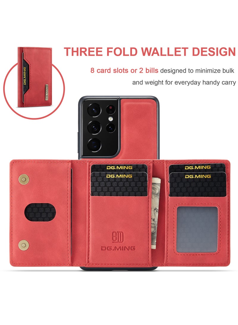 DGMING Wallet Case for Samsung Galaxy S21 Ultra, DG.MING Premium Leather Phone Case Back Cover Magnetic Detachable with Trifold Wallet Card Holder Pocket (Red)  - Image 3