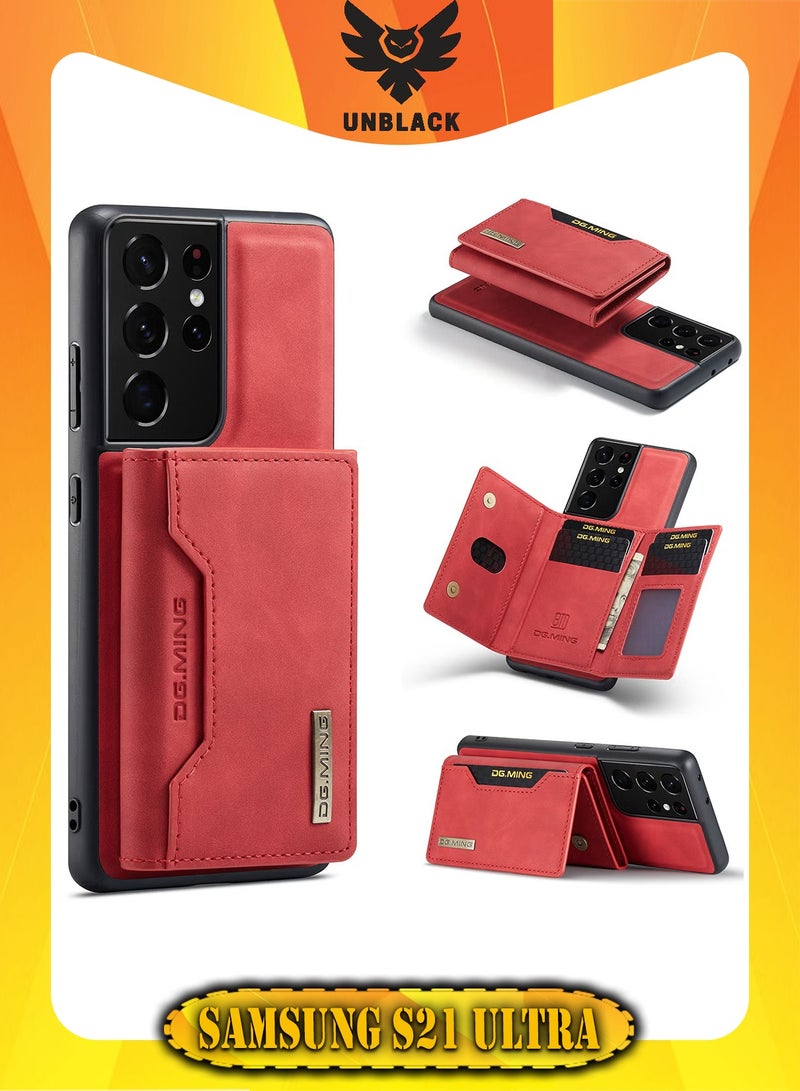 DGMING Wallet Case for Samsung Galaxy S21 Ultra, DG.MING Premium Leather Phone Case Back Cover Magnetic Detachable with Trifold Wallet Card Holder Pocket (Red)  - Image 1