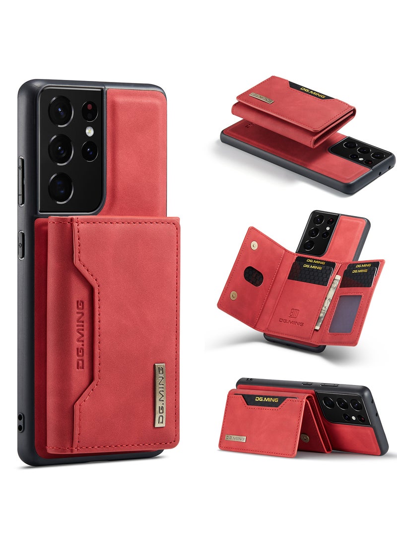 DGMING Wallet Case for Samsung Galaxy S21 Ultra, DG.MING Premium Leather Phone Case Back Cover Magnetic Detachable with Trifold Wallet Card Holder Pocket (Red)  - Image 2