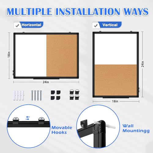 WALGLASS [24" x 18"] WALGLASS Dry Erase and Bulletin Boards Combo, Magnetic White Board Cork Board for Wall, Whiteboard & Corkboard Combination with Aluminum Frame, for Home, Classroom, Office - Image 3